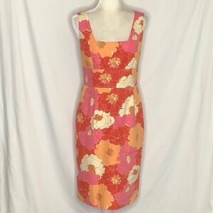 Sara Campbell Pink and Orange Floral Square Neck Sheath Dress Size 6